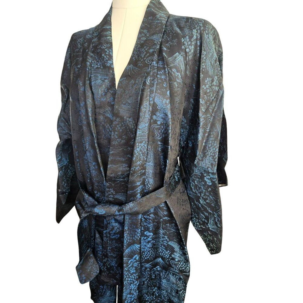 Vintage Japanese Black & Blue Patterned Kimono Robe With Belt je234